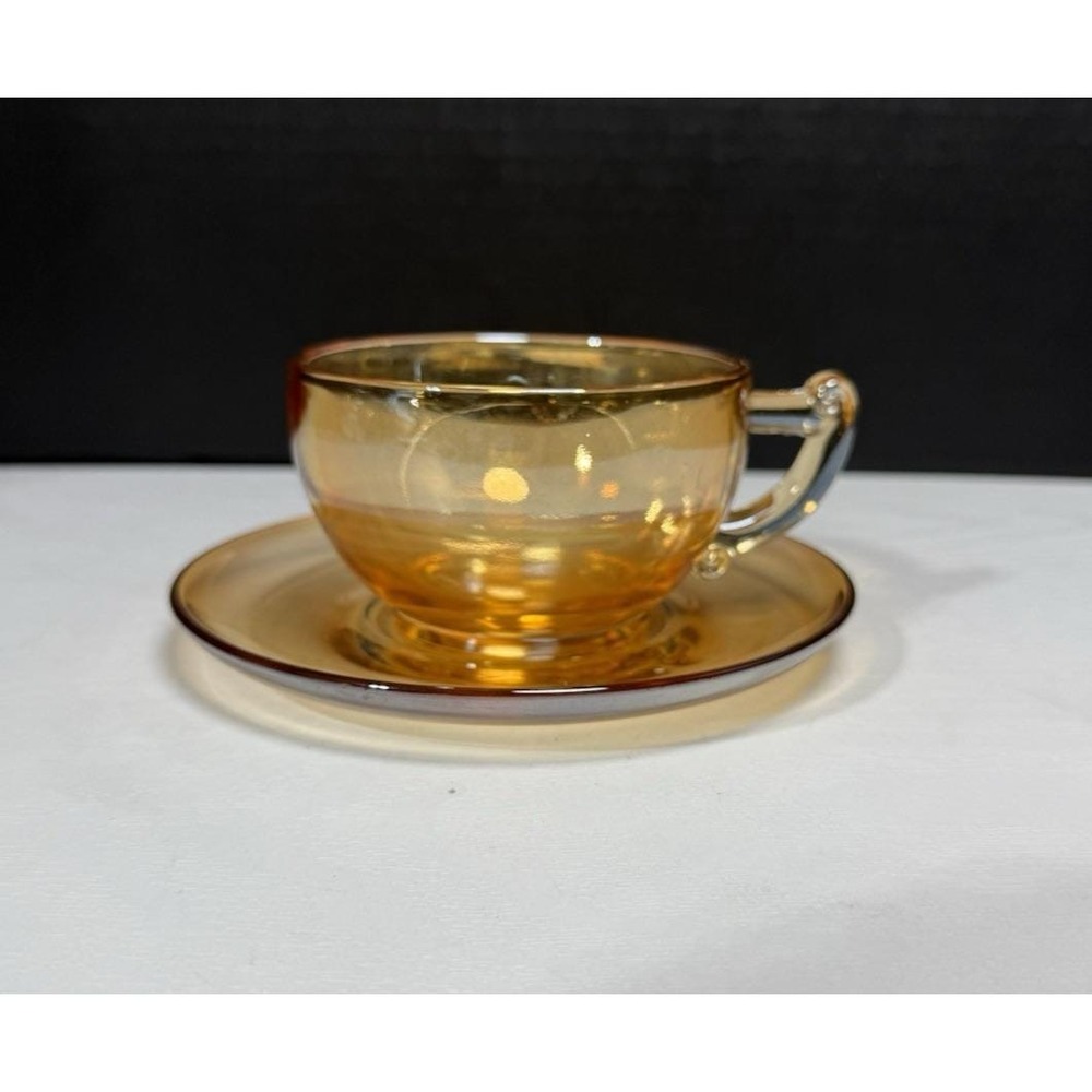 Vintage Jeanette Carnival Glass Cup & Saucer Set Iridescent Marigold